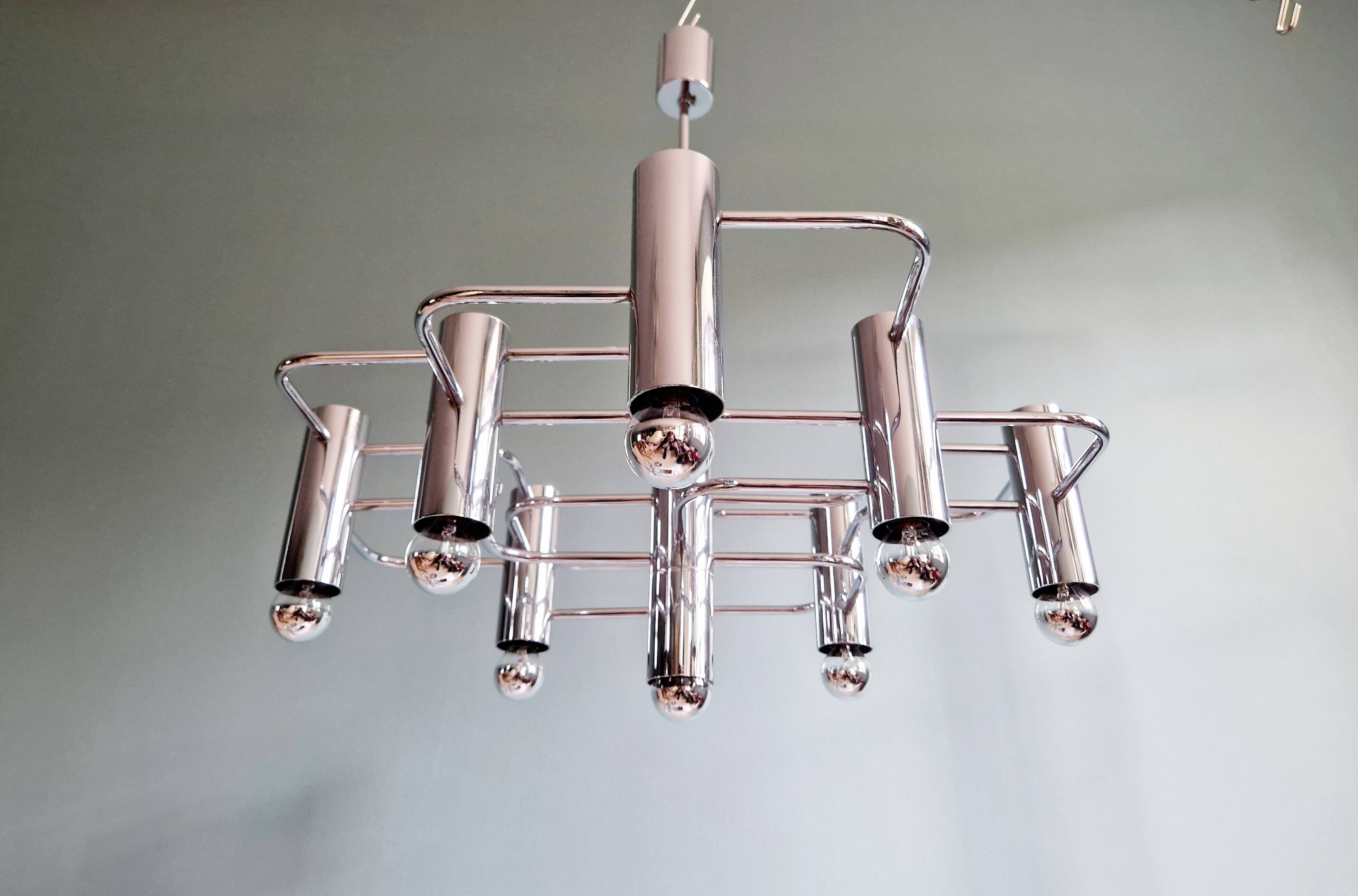 Chromed metal chandelier, design Gaetano Sciolari, 70s