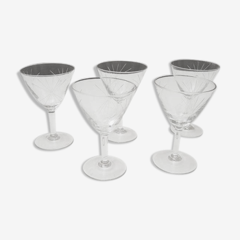 5 Old Art Deco Stemmed Glasses H 11.5 cm