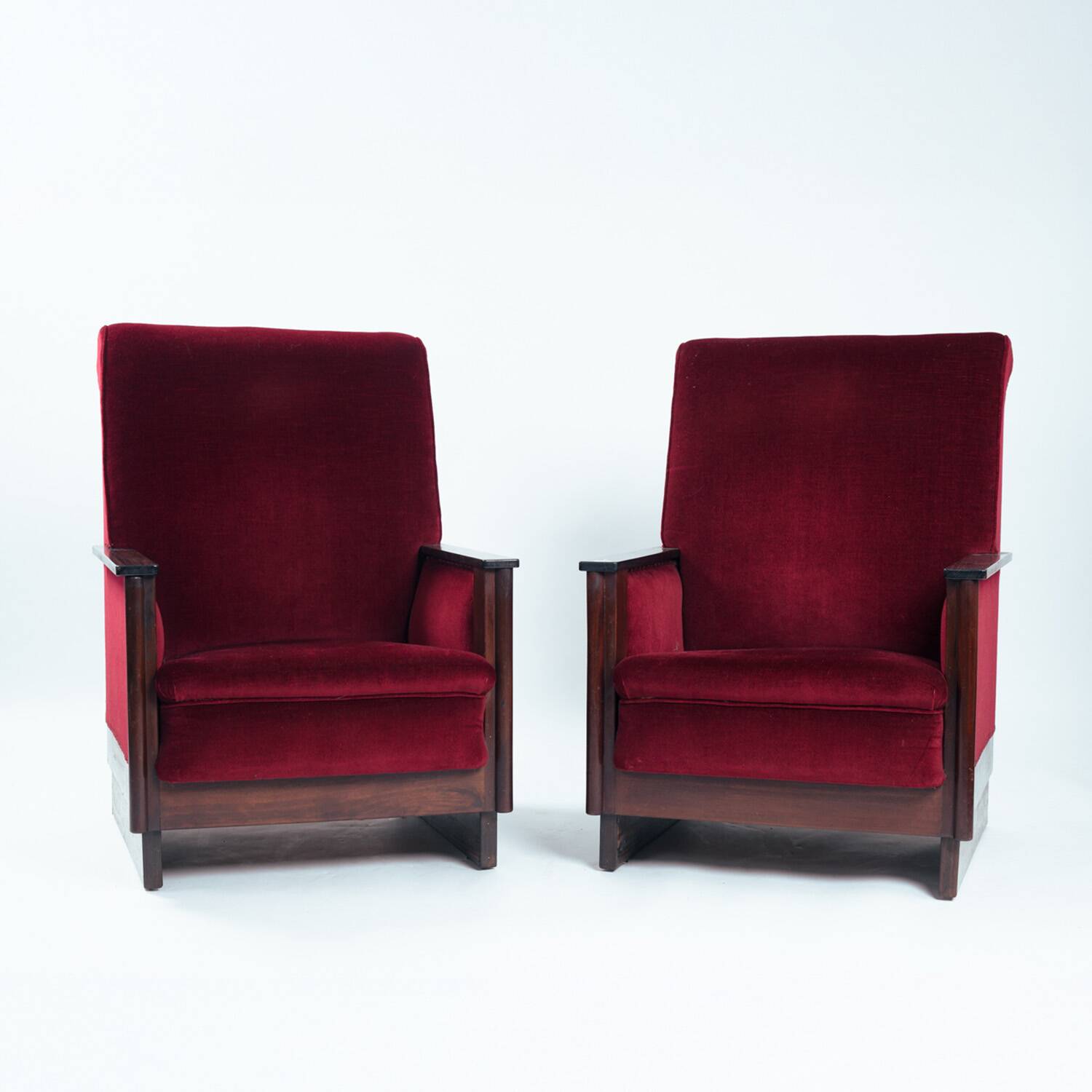2 red velvet Amsterdam School Art Deco chairs, The Netherlands, 1930s