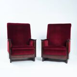2 red velvet Amsterdam School Art Deco chairs, The Netherlands, 1930s