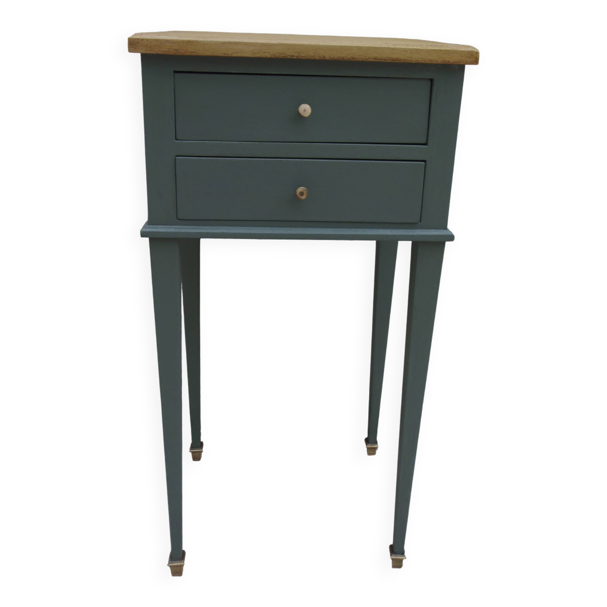 Bedside table, coffee table enhanced in smoky green, wooden top.