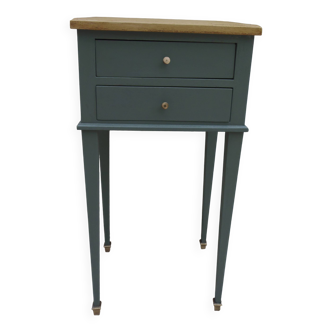 Bedside table, coffee table enhanced in smoky green, wooden top.