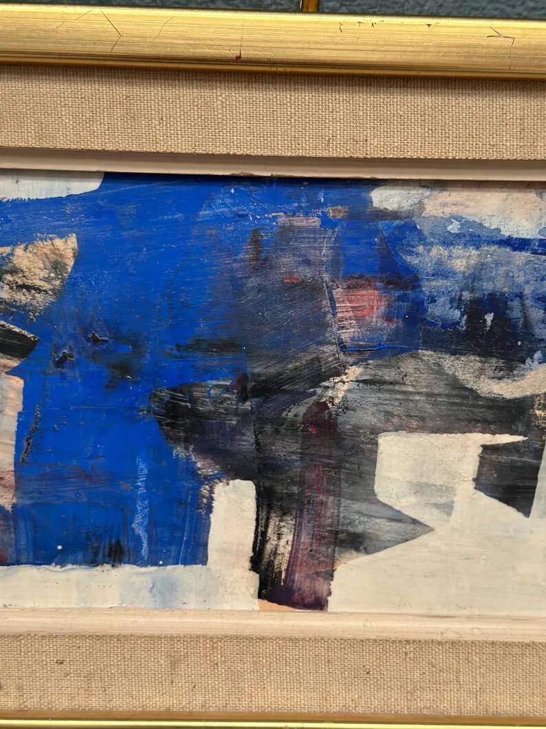 Original Swedish Oil on Panel – "Blue Composition" by Gunnar Nordström – Signed – Vintage and Framed – 24.5 × 18.5 cm (9.6 in × 7.3 in)