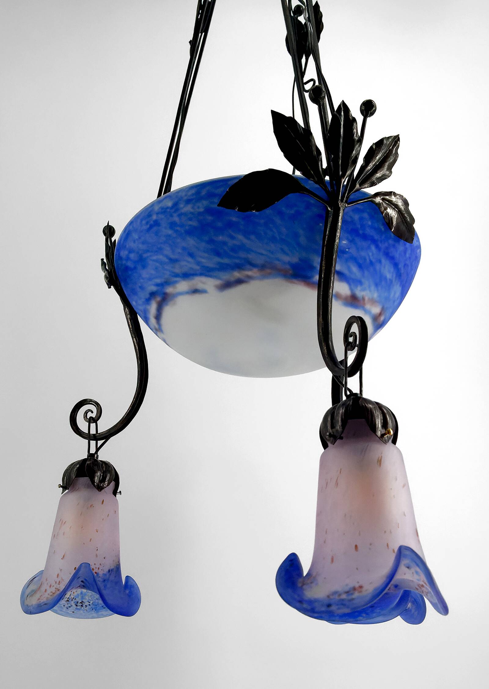 Wrought Iron and Blue Glass Paste Chandelier, Art Deco, France