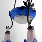 Wrought Iron and Blue Glass Paste Chandelier, Art Deco, France