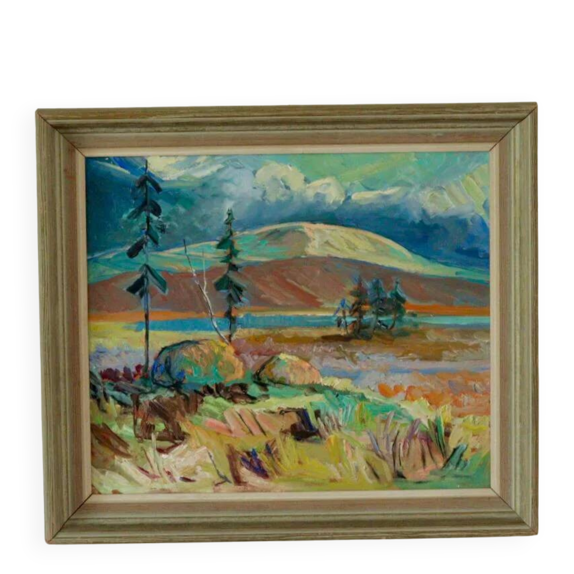 Huile sur panneau originale du milieu du siècle – « Paysage avec montagne »