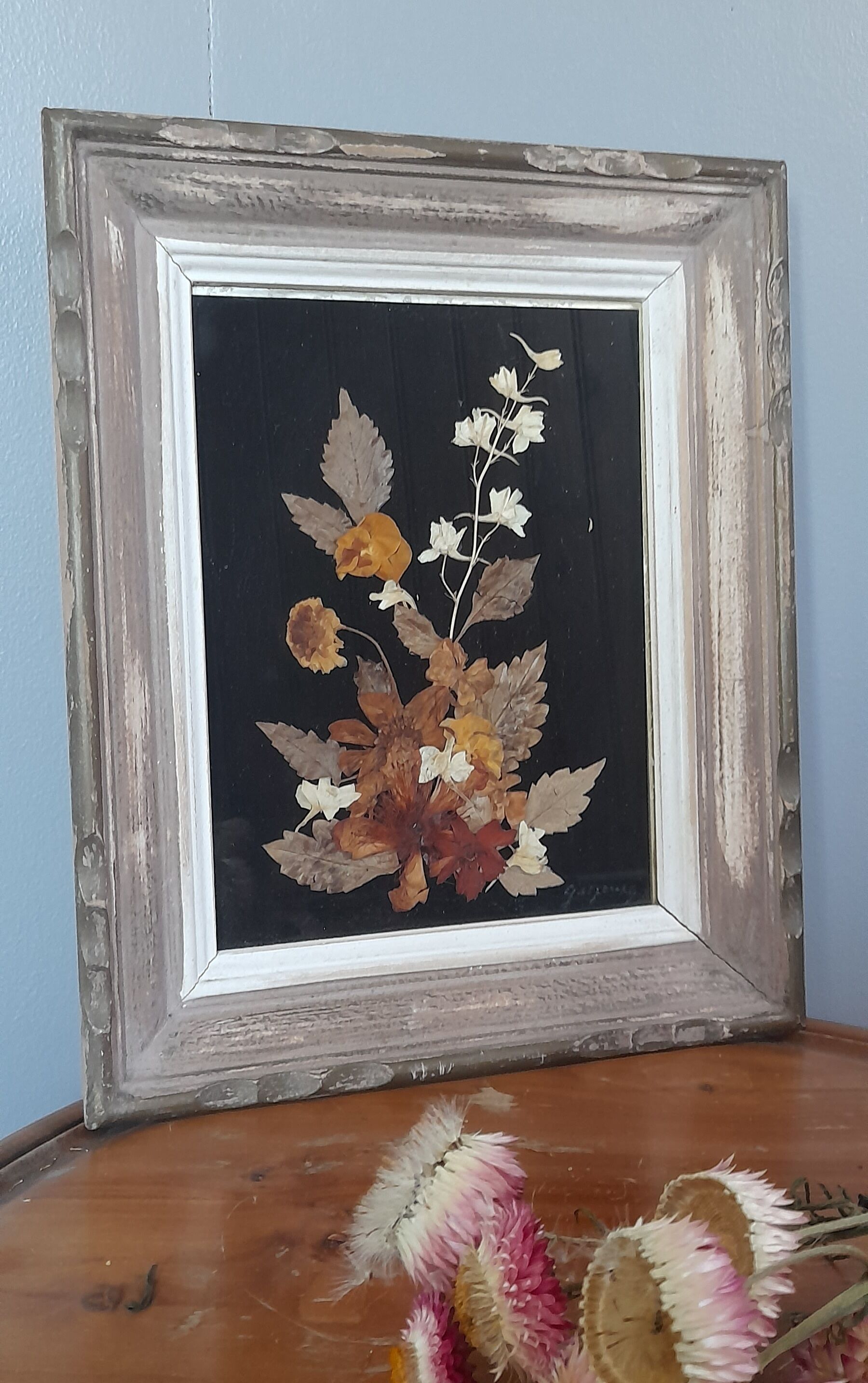 Wood frame dried flowers under glass, black background, vintage