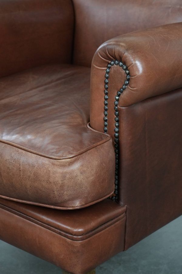 Comfortable Armchair Made of Cognac-Coloured Cow Leather in English Style