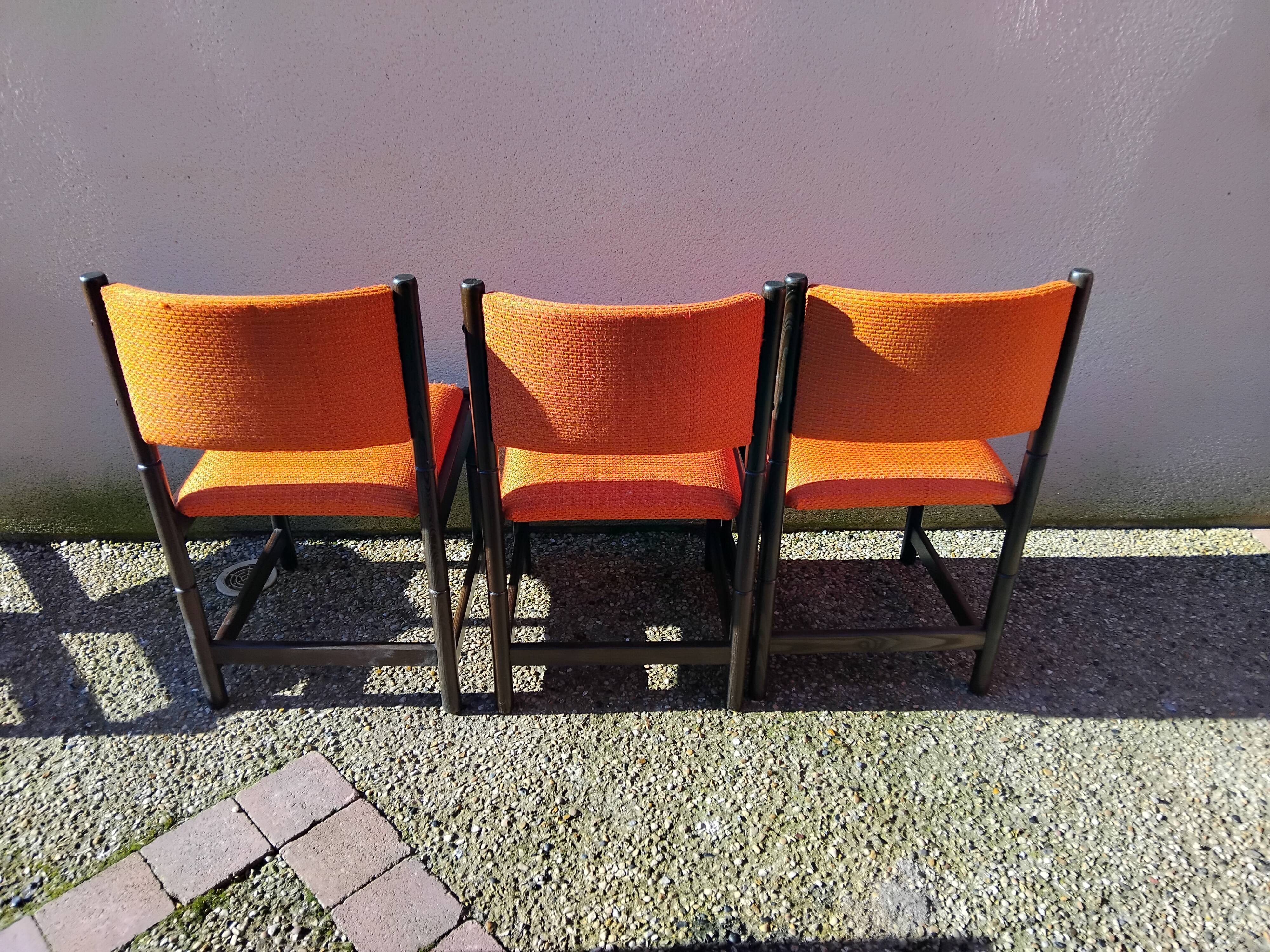 6 vintage wooden and orange fabric chairs
