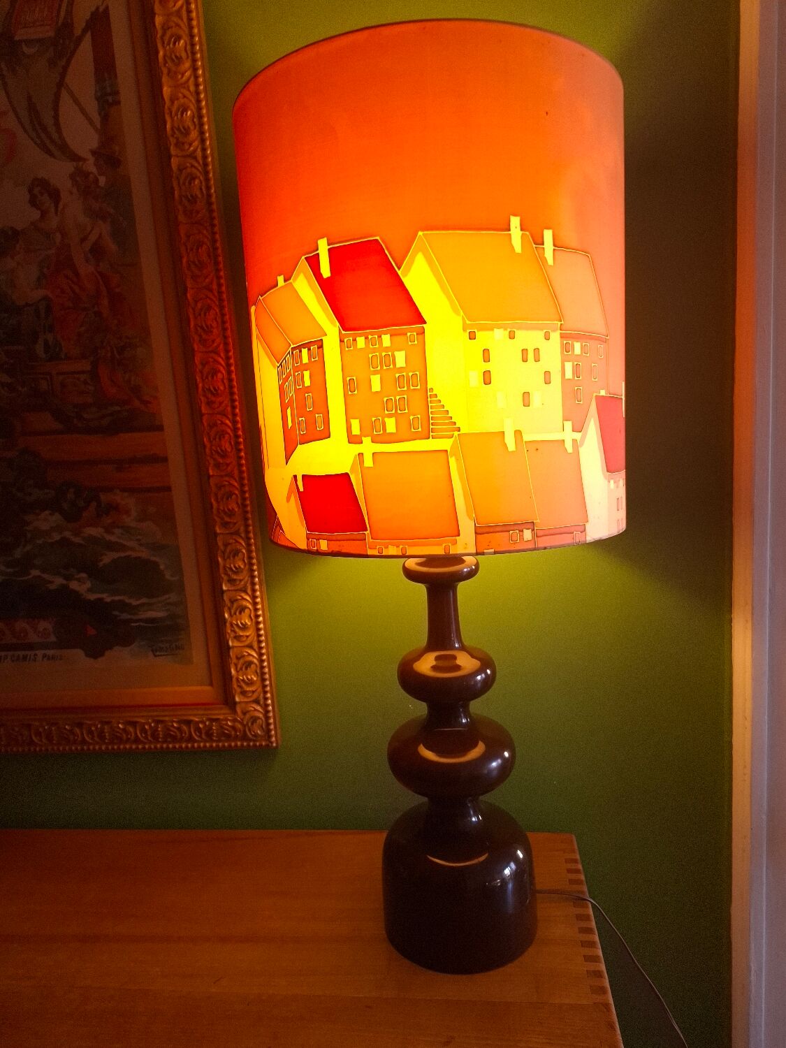 Vintage 70s lamp with a silk shade.