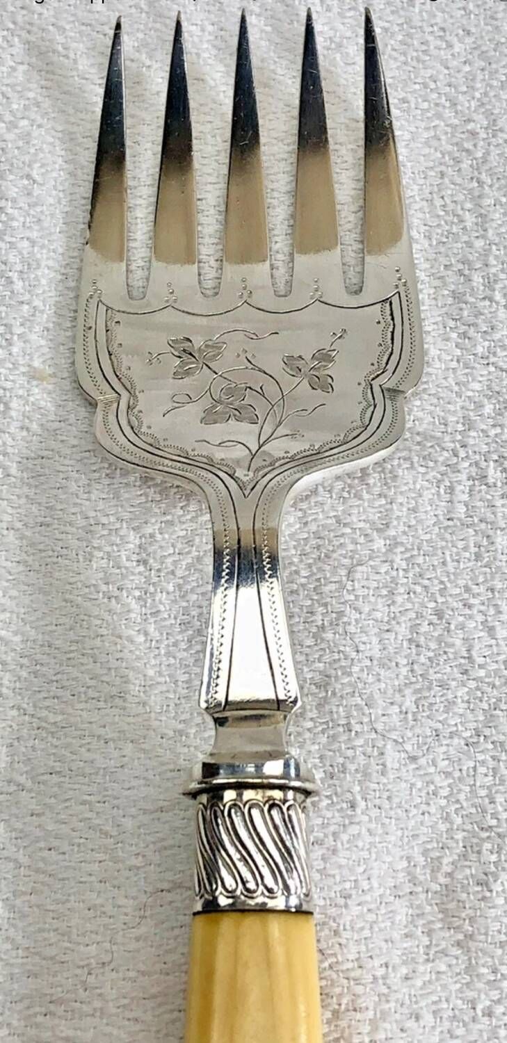 Antique Victorian fish serving cutlery, bone and silver-plated metal