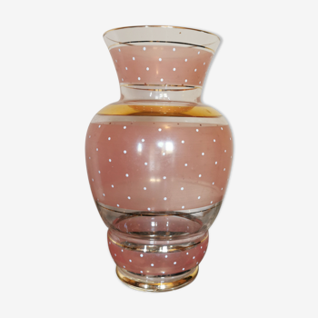 Pink vintage vase, gilded and white plumetis