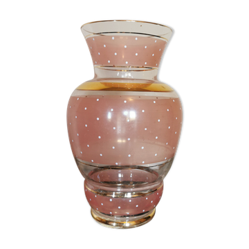 Vintage rose vase, gold and white polka dots.