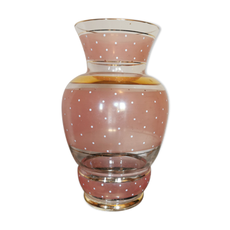 Pink vintage vase, gilded and white plumetis