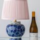 Antique Table Lamp in Blue and White Ceramic Chinoiserie Style, Delft, 1924, Brass Details