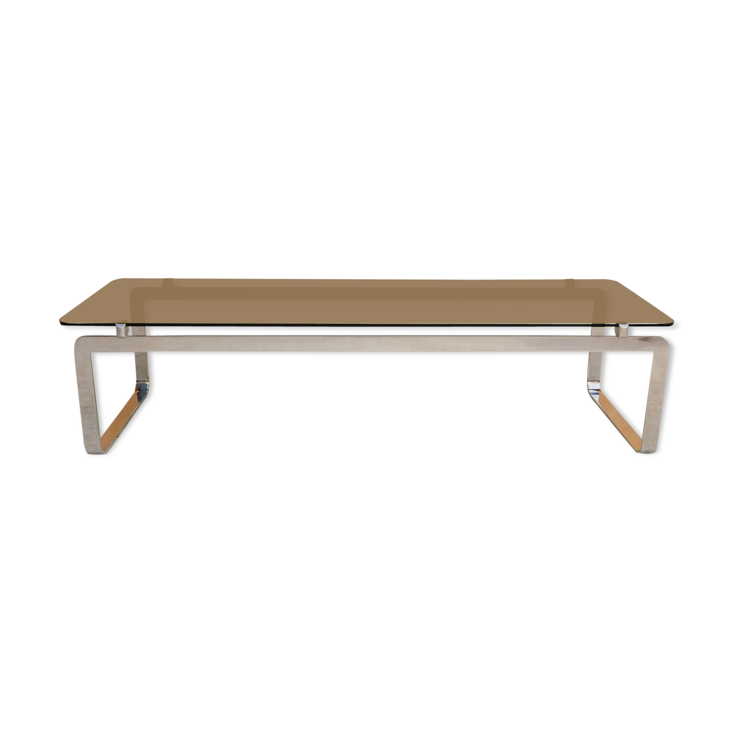 Table basse vintage en métal chromé et en verre fumé