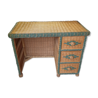 Bureau 3 tiroirs rotin vintage