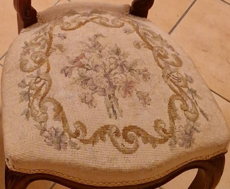 Pair of Louis XV chairs – carved wood & antique upholstery – late 19th century