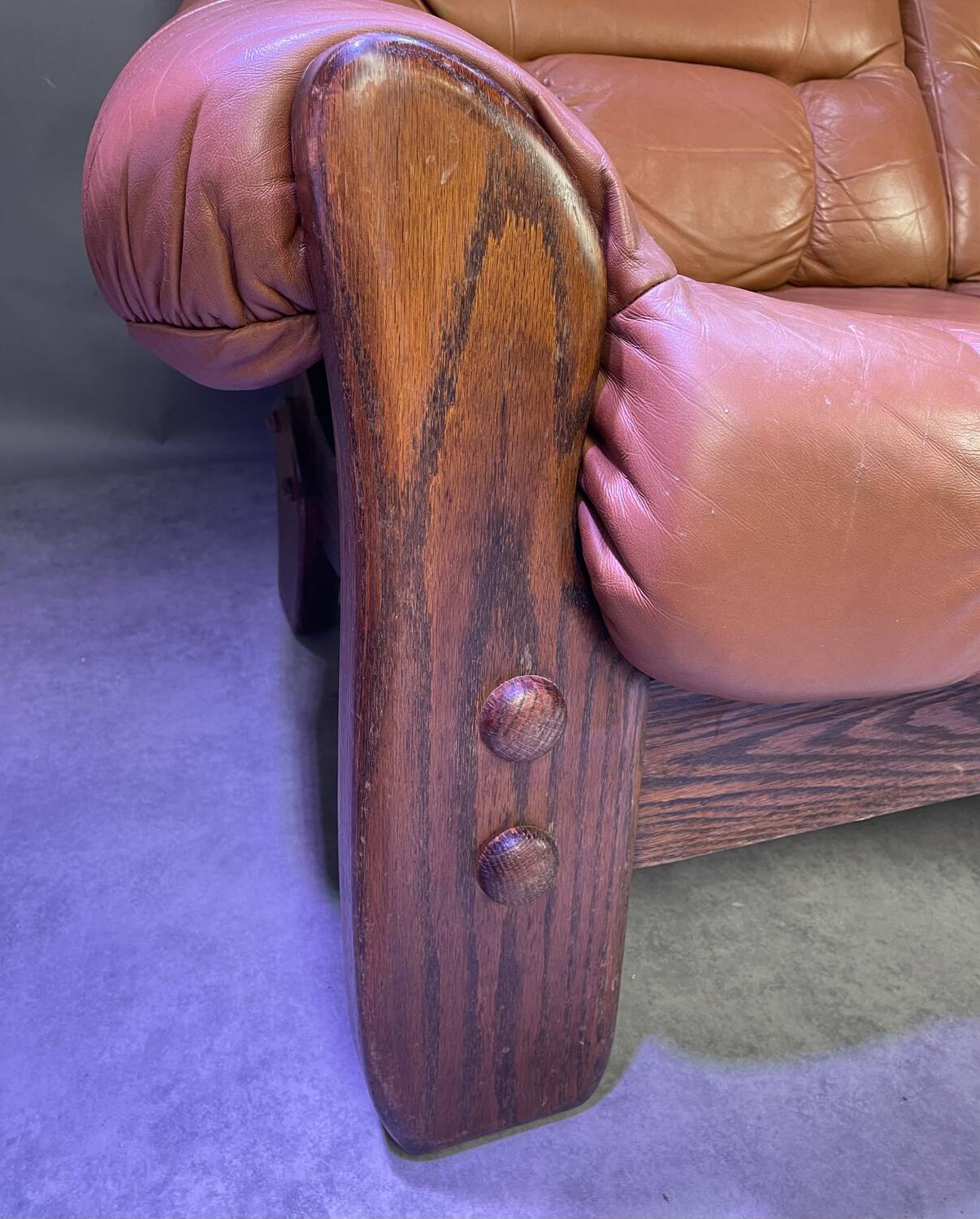 Brutalist style wood and leather sofa