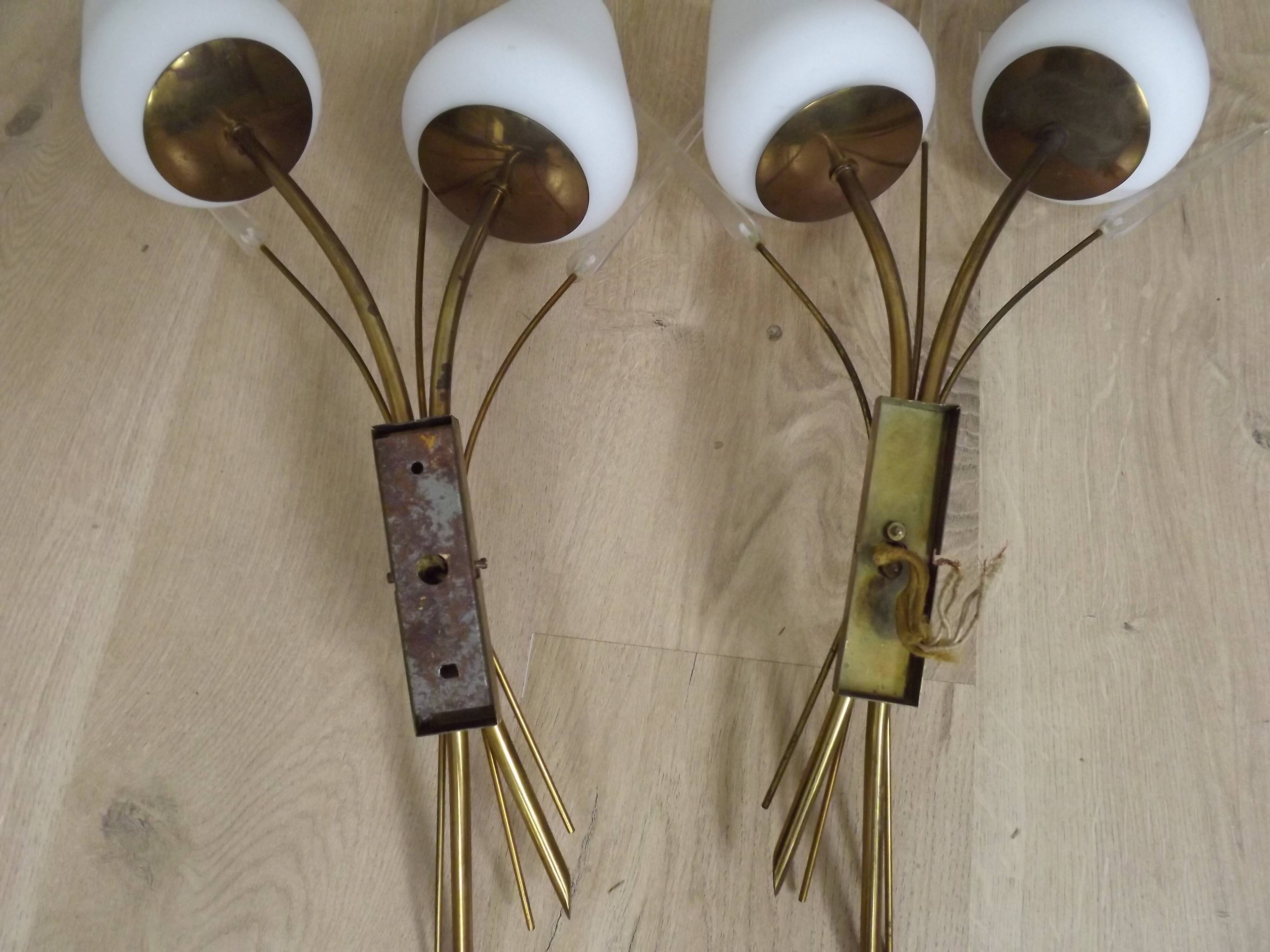 Mid-Century French Brass Sconces • Bullrush Design • Opaque Glass Shades