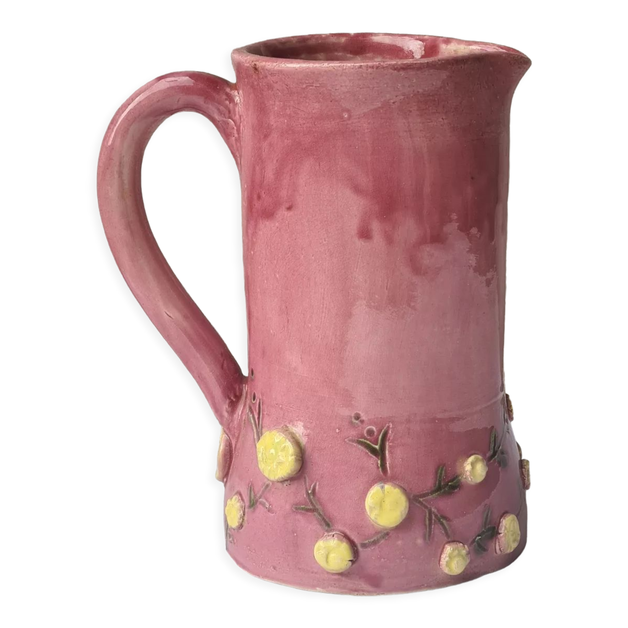 Glazed terracotta pitcher with mimosa decoration