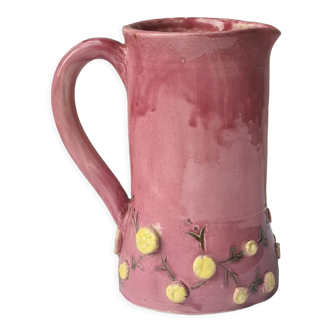 Glazed terracotta pitcher with mimosa decoration