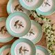 Set of 10 vintage flat plates with bird drawings