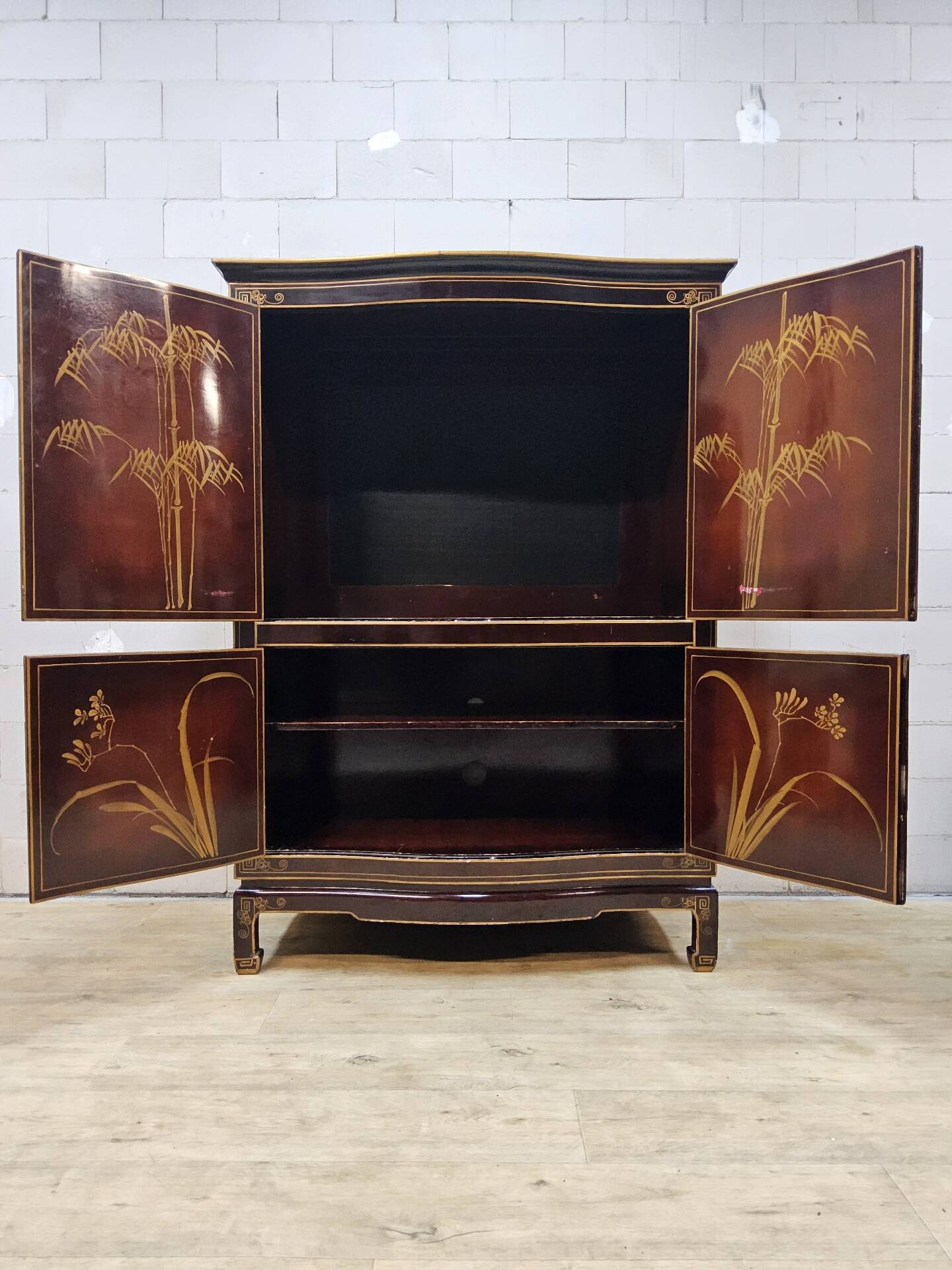 Vintage Chinese red and gold cabinet with flowers and birds (lacquer cabinet)