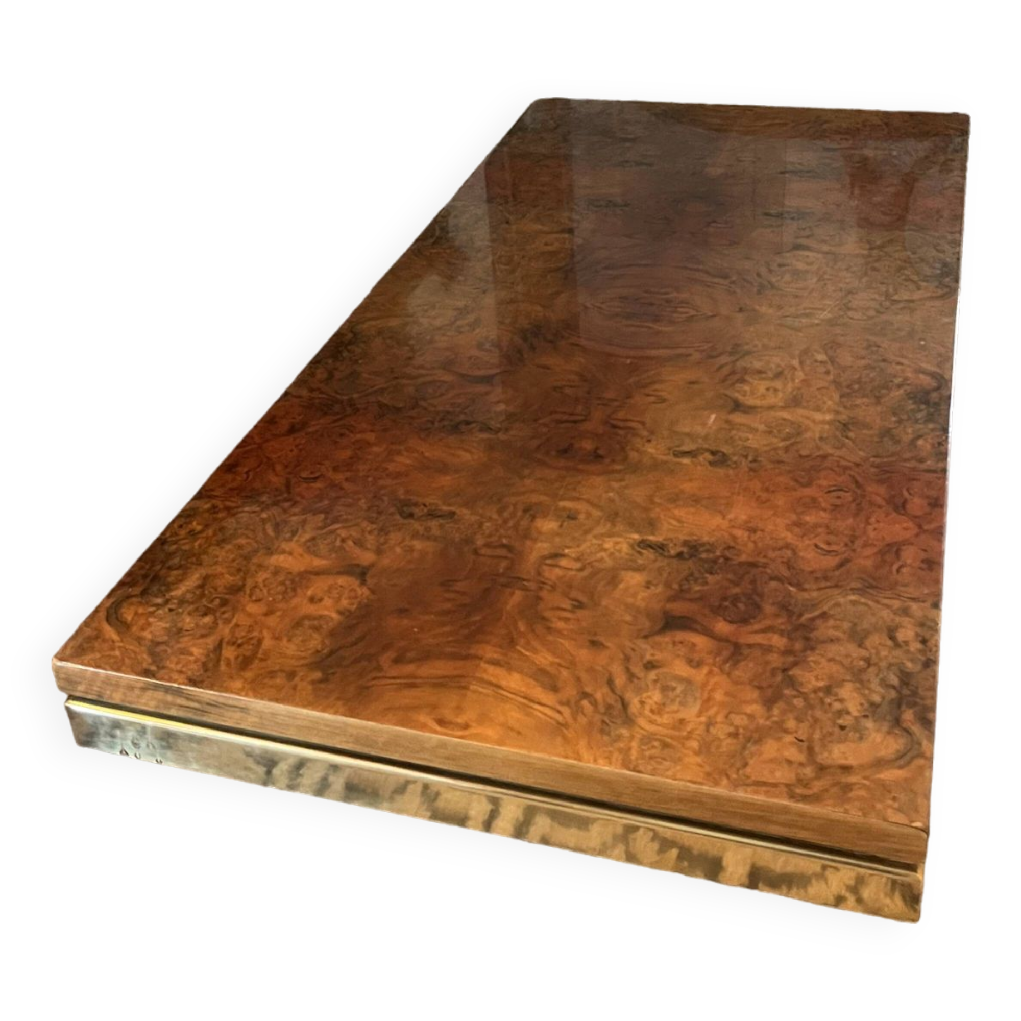 70s coffee table in brass and elm burl