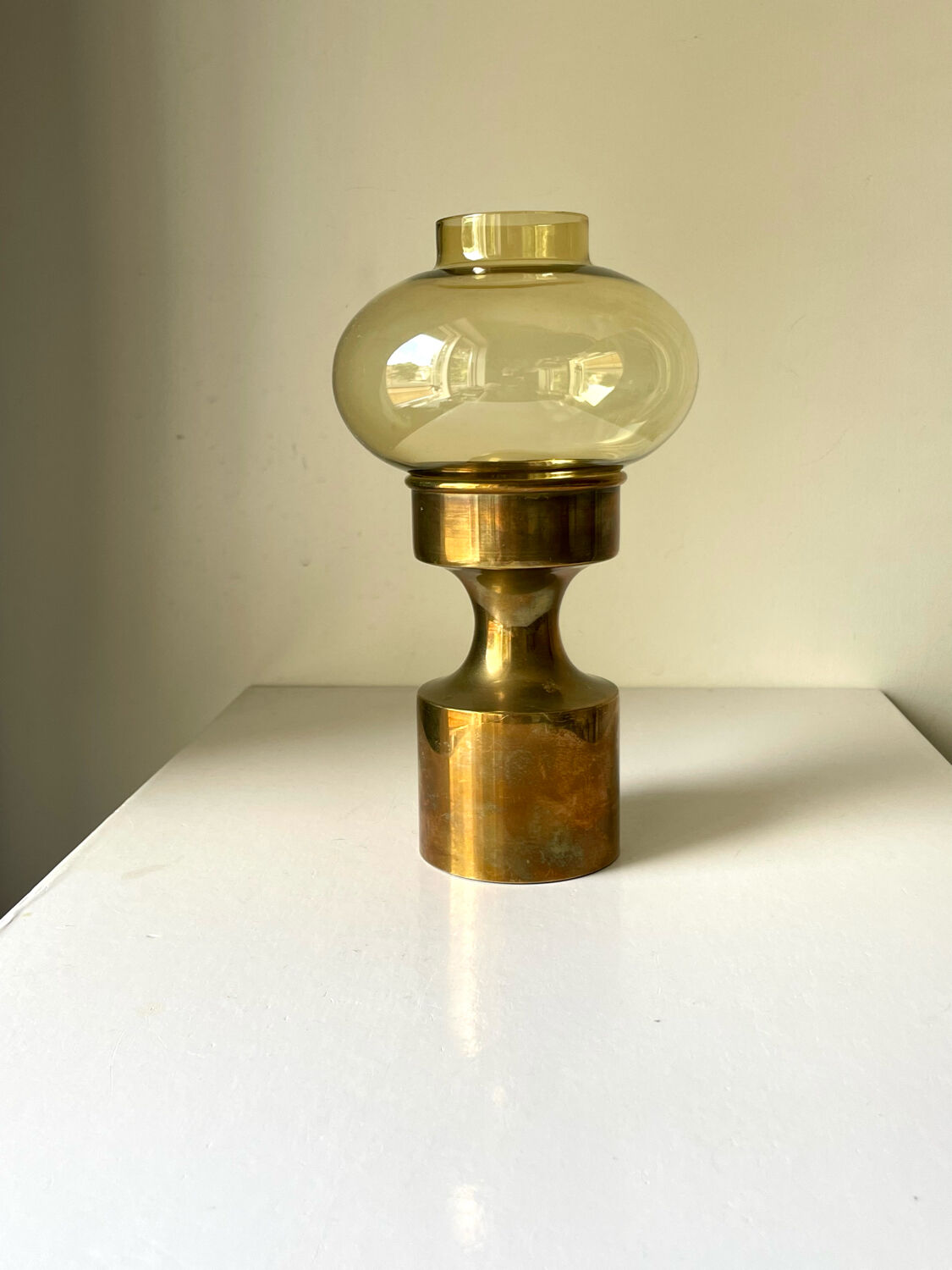 Danish design 1960 hurricane candleholder in brass and amber colored glass