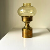 Danish design 1960 hurricane candleholder in brass and amber colored glass