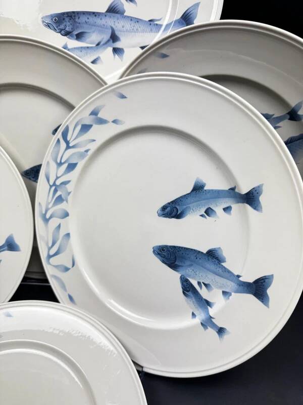 Villeroy & Boch Pescara porcelain set blue fish 6 plates + dish