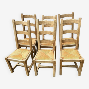 Set of 6 straw chairs in solid oak