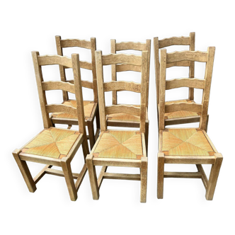 Set of 6 straw chairs in solid oak