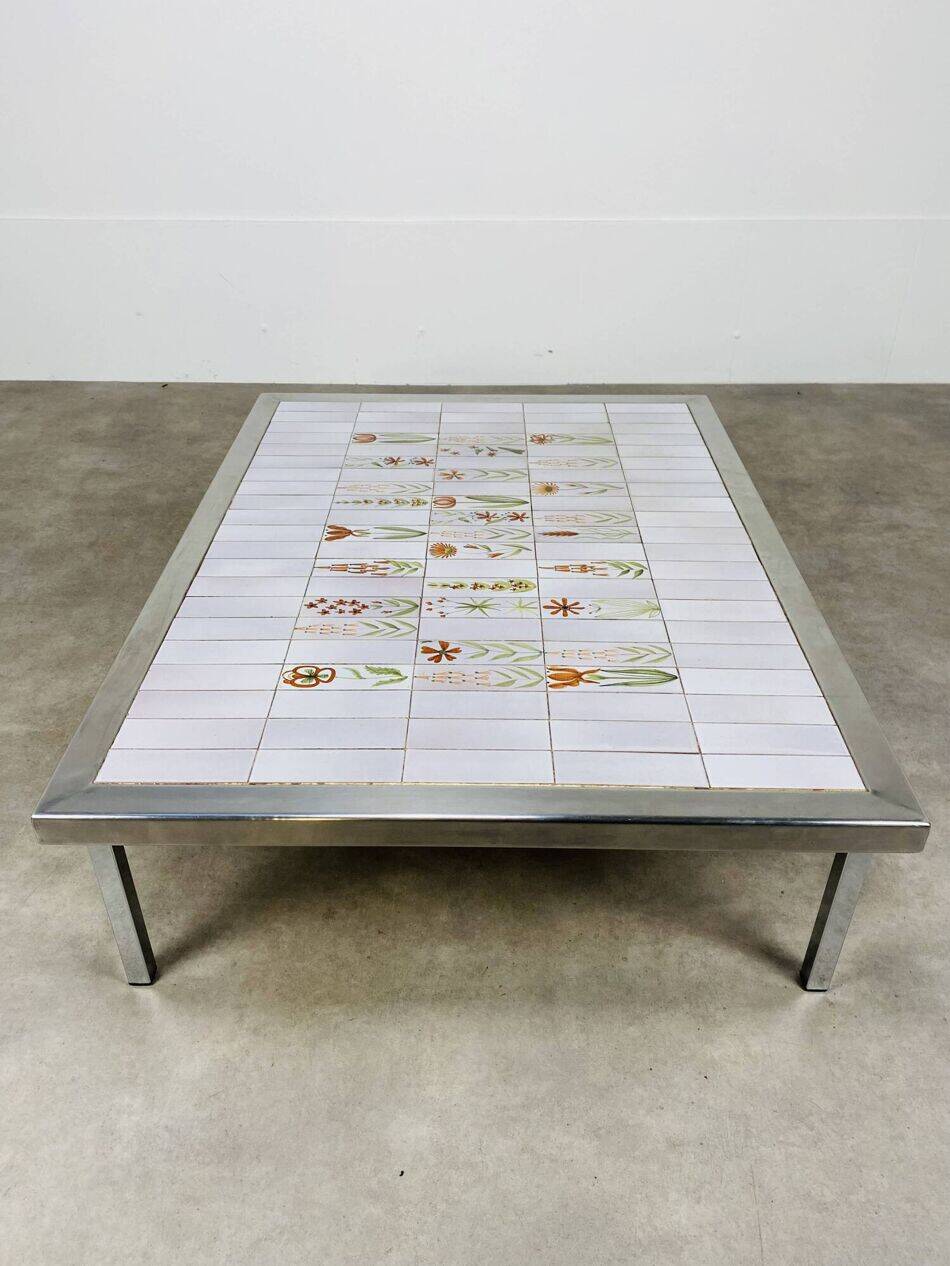 Square ceramic tile coffee table by Roger Capron, flowers, 1950s.