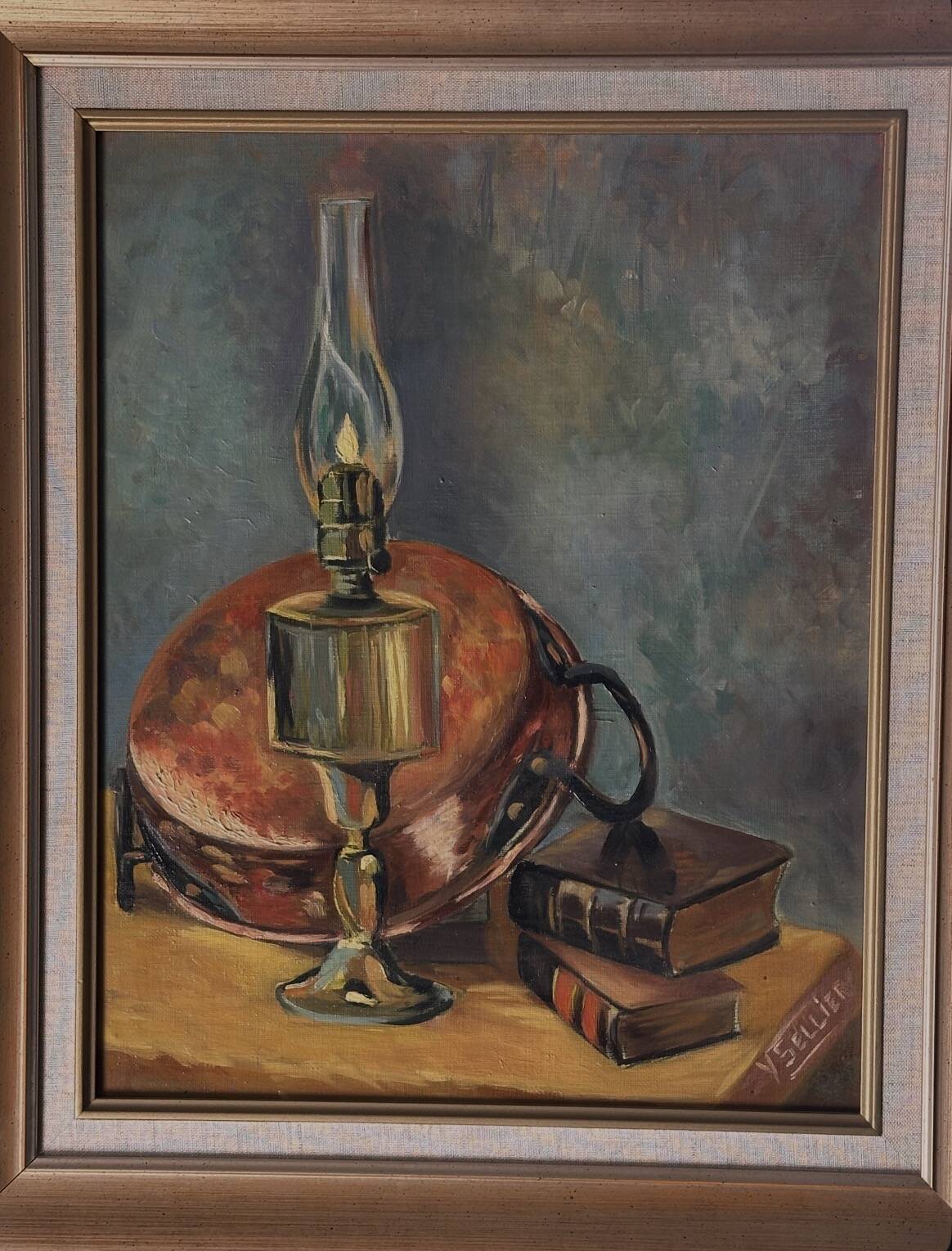 Framed oil on canvas – Still life with lamp, Yvonne Sellier