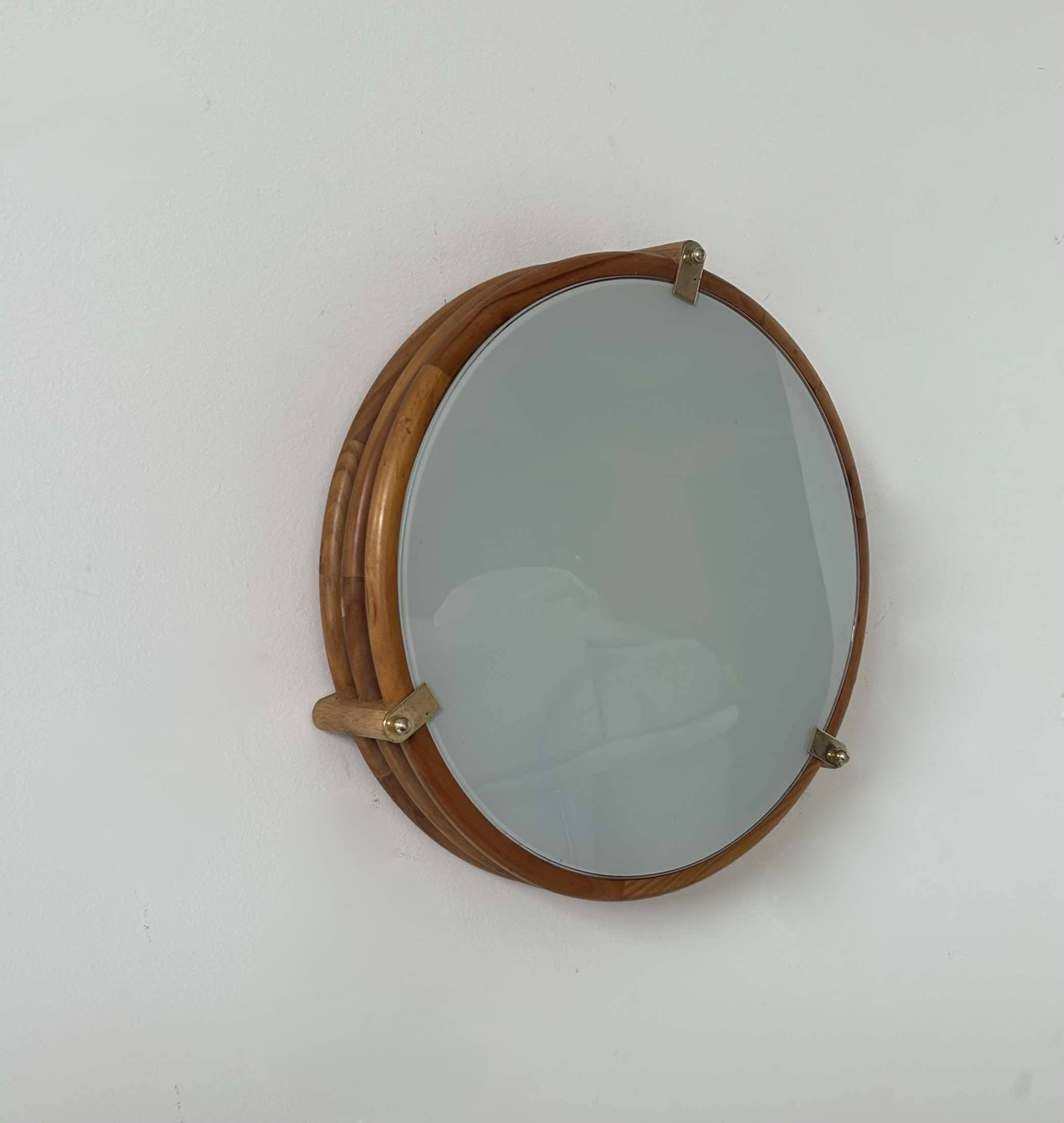 Vintage round wall light, wood, glass and brass, France 1980