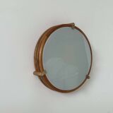 Vintage round wall light, wood, glass and brass, France 1980