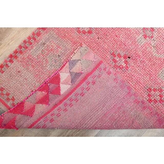 1970s Vintage Turkish Oushak Handmade Wool Cotton Pink Runner Rug 90x312