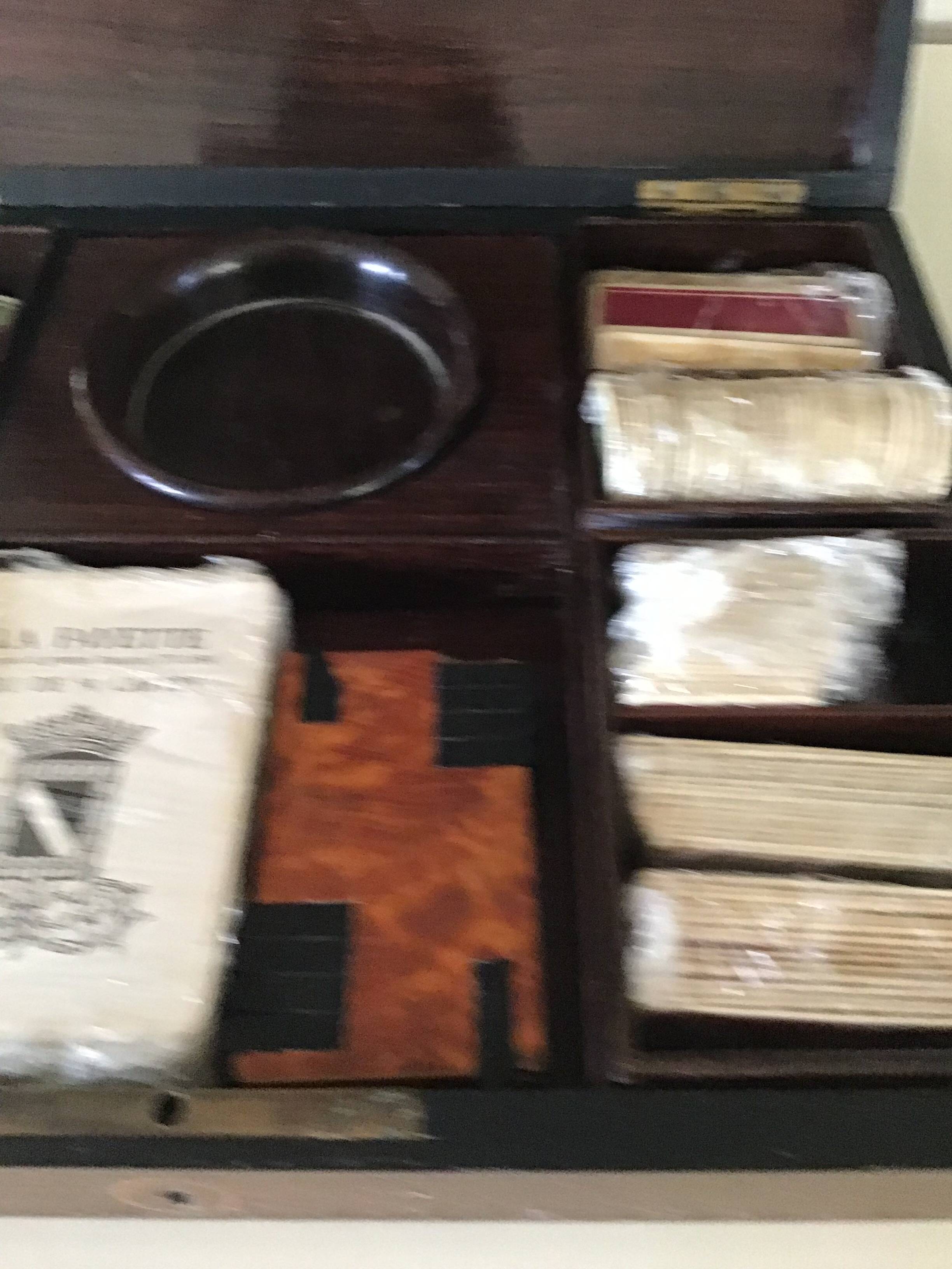 Complete mahogany wood game set with pawns, cards, and score pieces