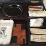 Complete mahogany wood game set with pawns, cards, and score pieces