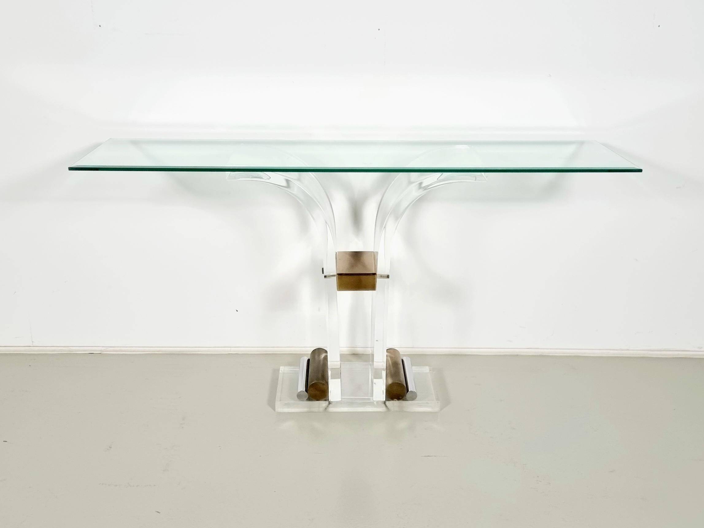 Console table by Charles Hollis Jones in lucite, brass, and glass, 1970.