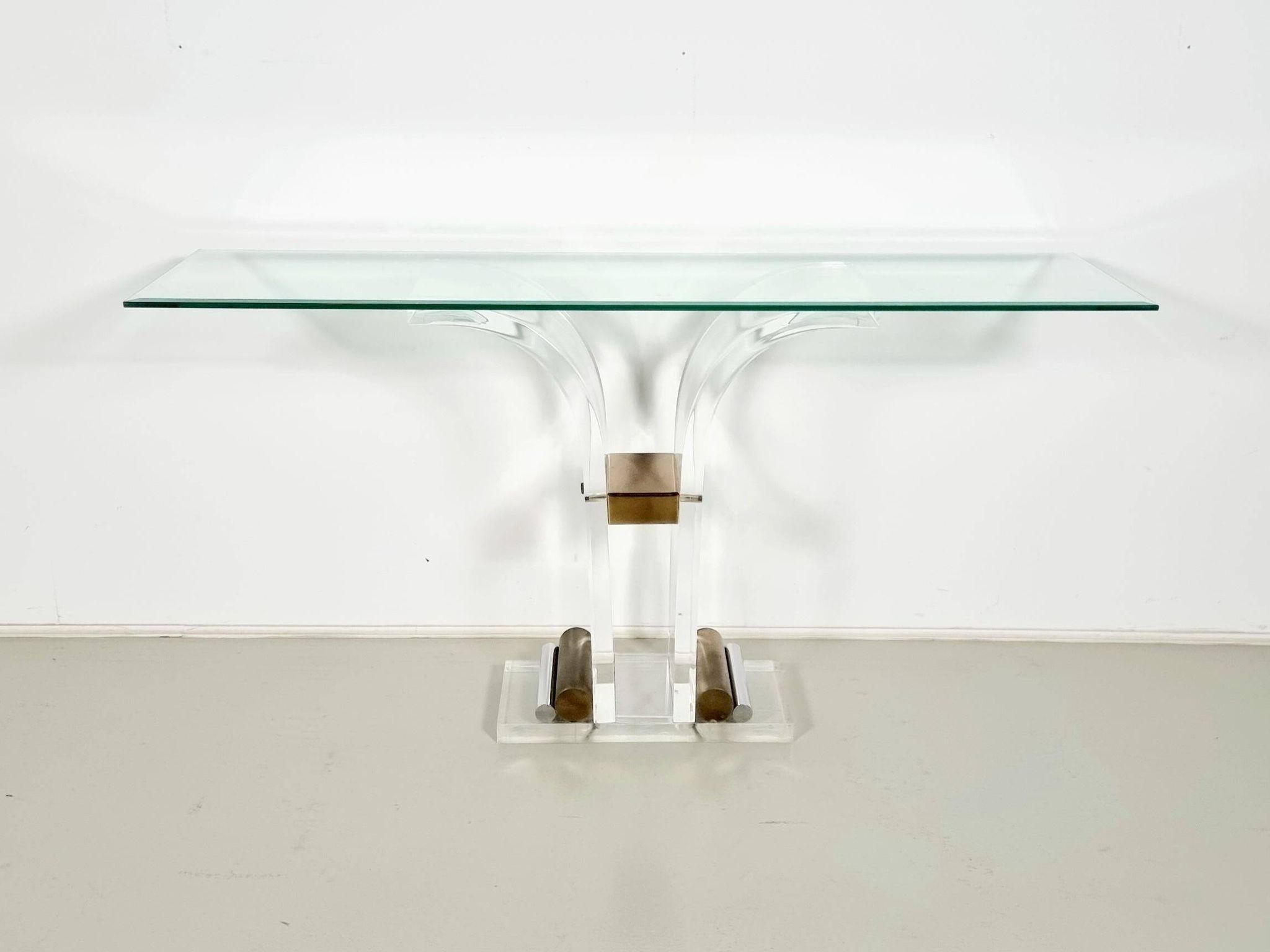 Console table by Charles Hollis Jones in lucite, brass, and glass, 1970.