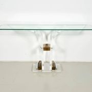Console table by Charles Hollis Jones in lucite, brass, and glass, 1970.