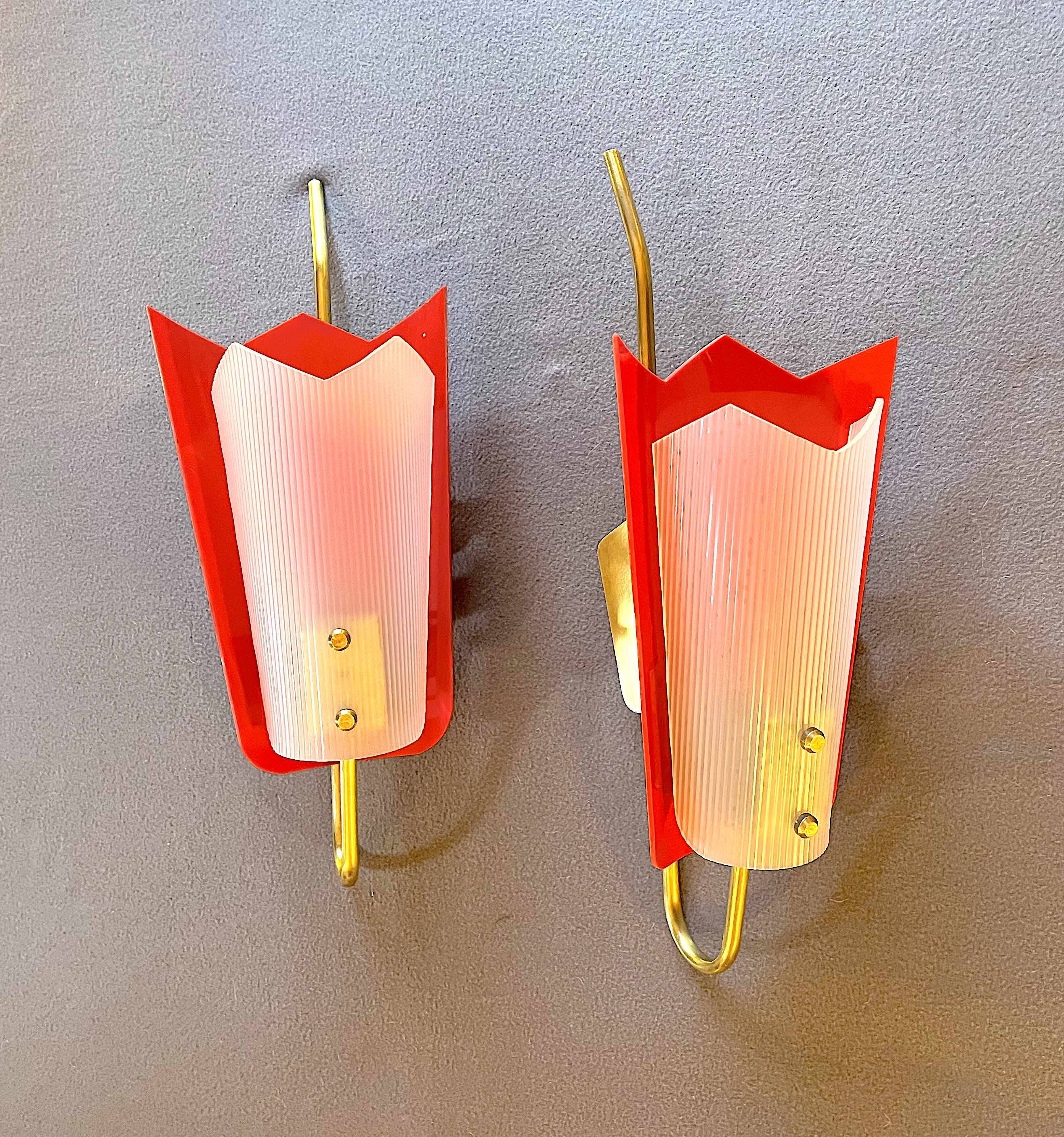 Gande Pair of Red Sconces in Brass and Pespex, Italy, Mid-Century