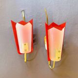 Gande Pair of Red Sconces in Brass and Pespex, Italy, Mid-Century