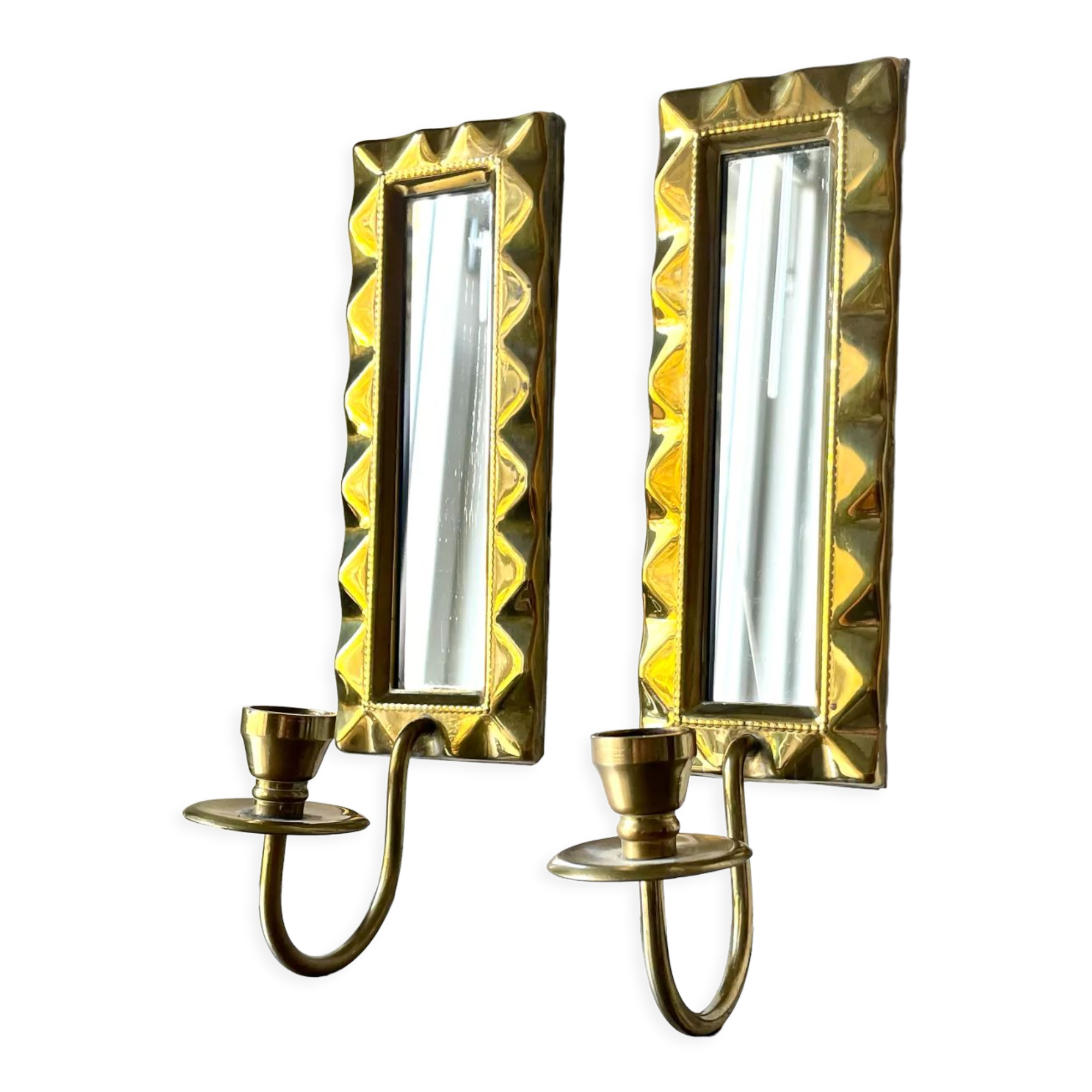 Pair of art deco vintage brass wall candle holders sconces