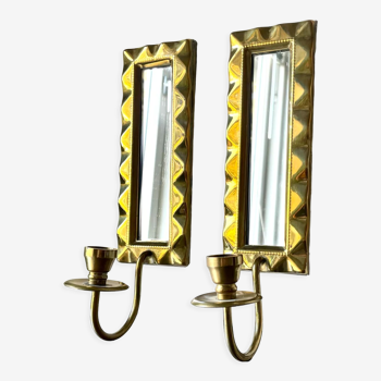 Pair of art deco vintage brass wall candle holders sconces