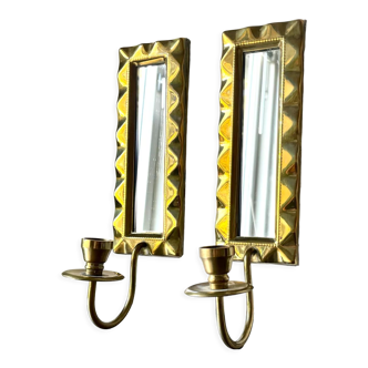 Pair of art deco vintage brass wall candle holders sconces