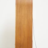 Elegant vintage Danish display cabinet with glass panels and atmospheric lighting